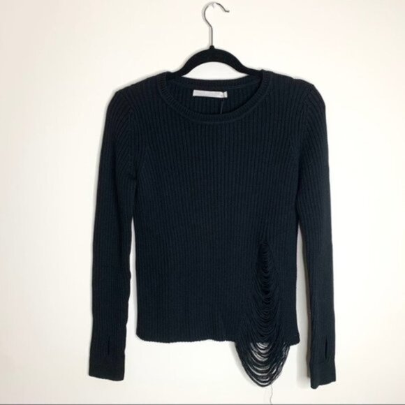 Revolve One Grey Day Robert Sweater Cropped Shredded Knit Crewneck Cotton Black - Picture 3 of 16